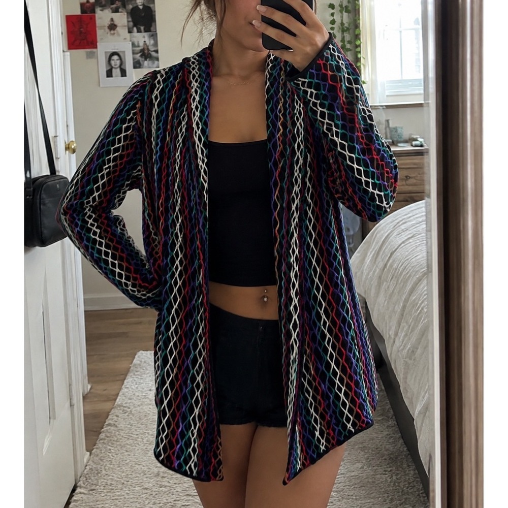 Nic + Zoe 3D knit geometric print multicolor‎ linen rayon blend cardigan L